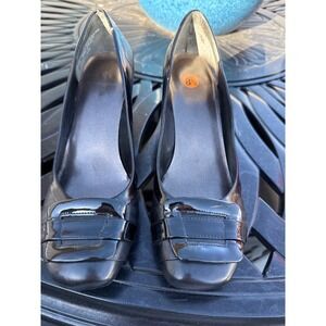Bandolino Womens Black Square Toe Block Heel Pumps Patent Accent Size 8.5